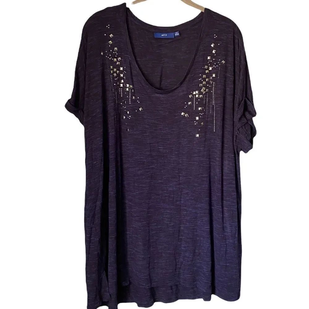 Apt9 women’s plus size space dyed front studded short sleeve top